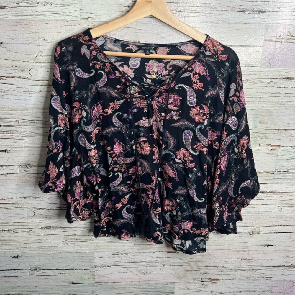 Lucky brand floral pink black size small blouse top